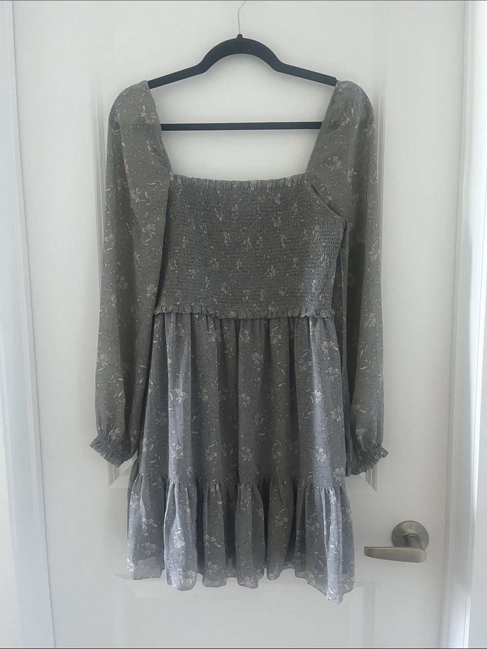 RD Style Harper Smocked Square Neck Floral Mini Dress in Dusty Gray